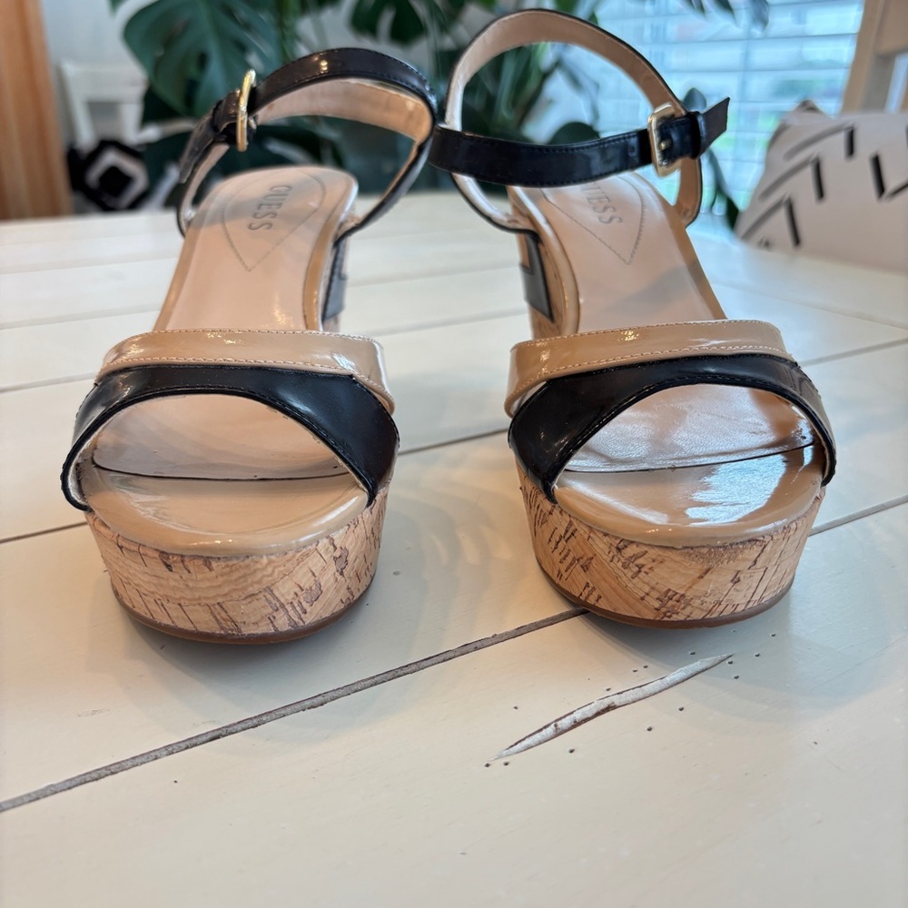 Guess Cork Platform Wedge Sandals Women’s Size 7.5 Black and Tan - Picture 4 of 14